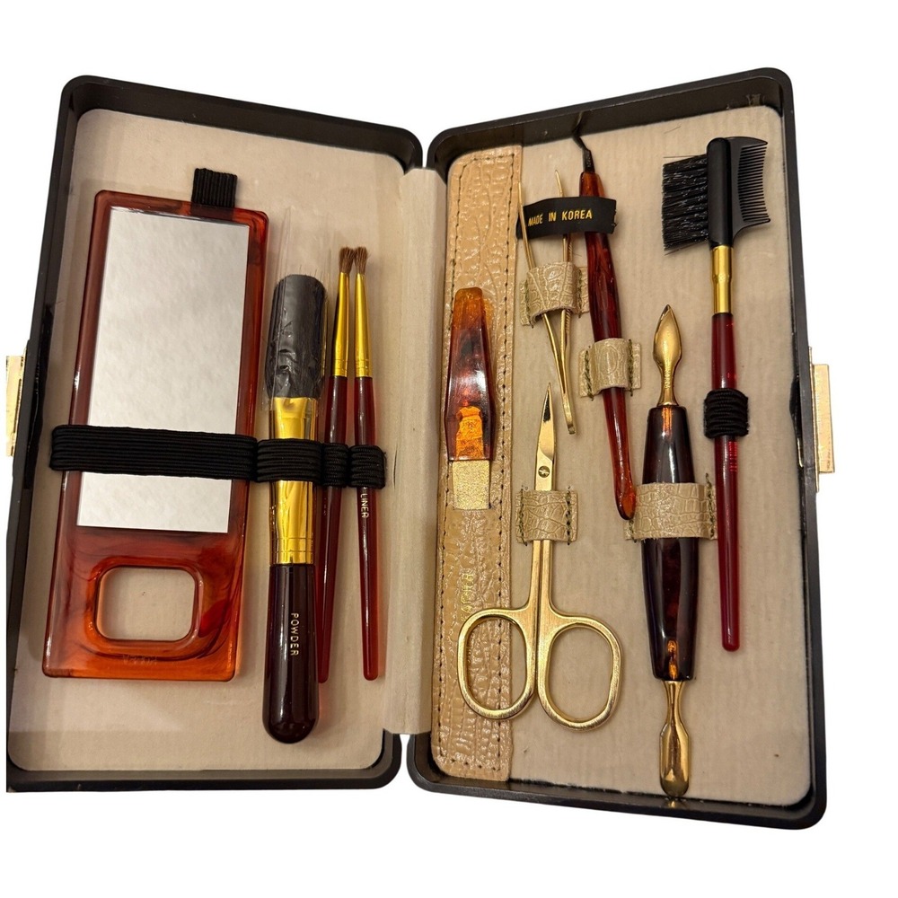 Vintage Travel Manicure Pedicure Makeup Brush Set Brown Faux Croc Case 10 pc - Picture 4 of 16